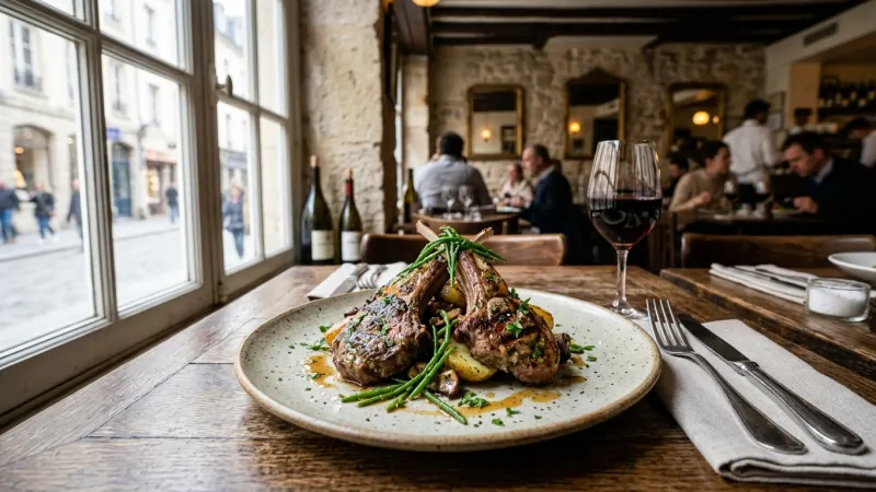 Savor Salt-Marsh Lamb and Foraged Samphire 7 Gourmet plate featuring roasted lamb cutlets garnished with fresh green sea samphire.