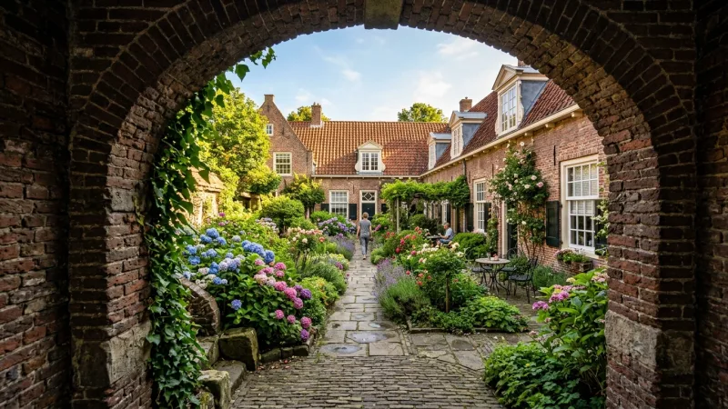 Seek Out the Hidden Hofjes 18 A peaceful brick courtyard garden with tidy row houses and vibrant flowers framed through an arched doorway.