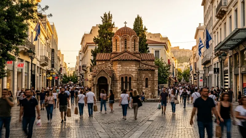 Stay Vigilant Around the Ermou Street Meeting Steps 1 Pedestrian crowd walking past the historic Panagia Kapnikarea Church situated in the middle of Ermou Street in Athens.
