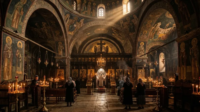 Step Inside for Midday Byzantine Serenity and Frescoes 4 Atmospheric interior view of Panagia Kapnikarea Church showing detailed Byzantine frescoes and burning candles.