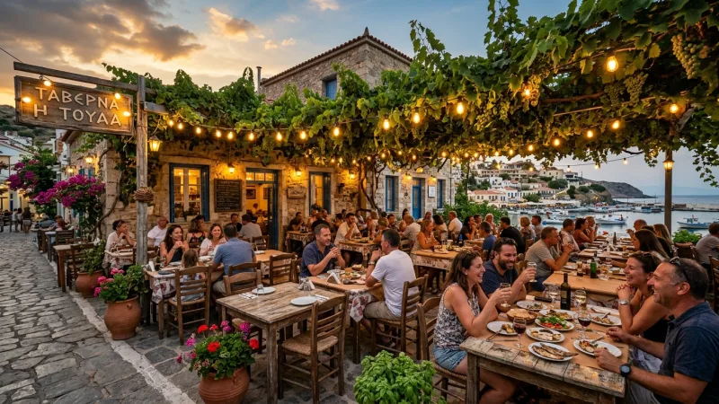 Synchronize with Mesimeri and Late Night Dining 1 An outdoor village taverna with wooden tables set under illuminated grapevines in the late evening.