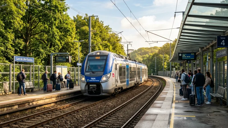 Take the Regional TER Train Instead of the RER D 6 Regional TER train arriving on a sunny platform surrounded by greenery near Chantilly.