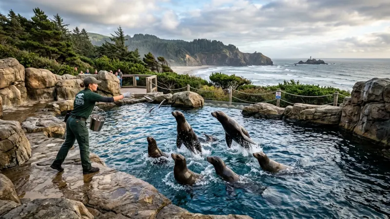 Track Dynamic Feeding Times Digitally 1 Sea lions swimming gracefully near the water's edge during a feeding and training demonstration at the zoo.