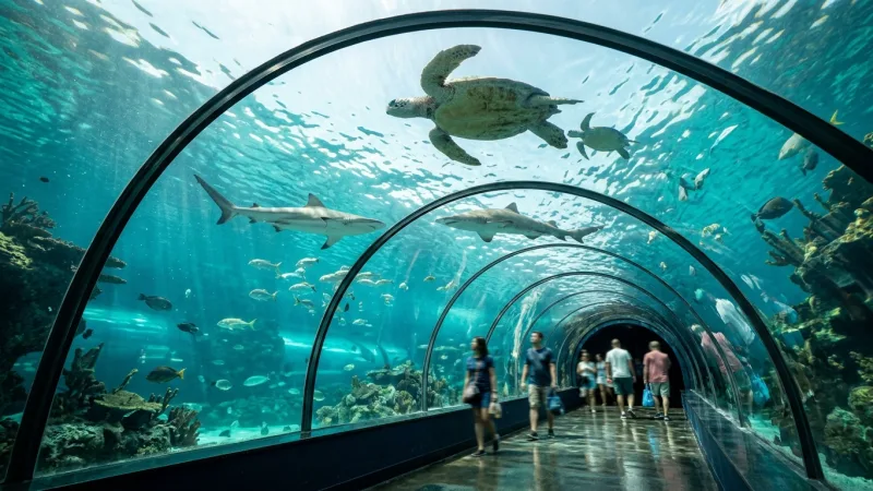 Visit Indoor Biomes Off-Peak 3 An underwater aquarium tunnel filled with clear blue water, swimming sharks, and rays viewed from below.
