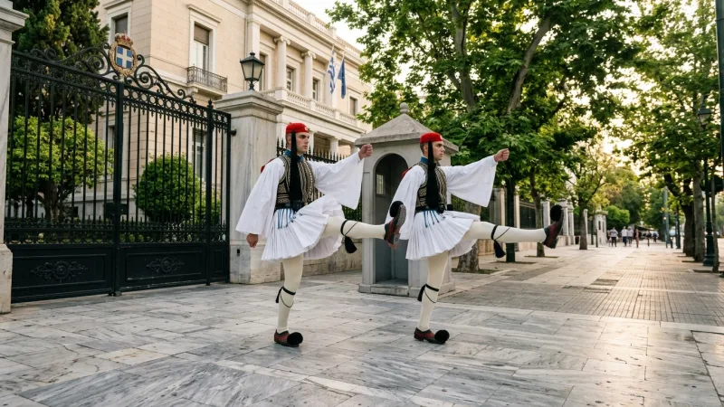 Watch on Herodou Attikou for an Intimate View 4 Greek Presidential Guards in traditional uniform performing the changing of the guard ceremony on a quiet tree-lined Athens street.