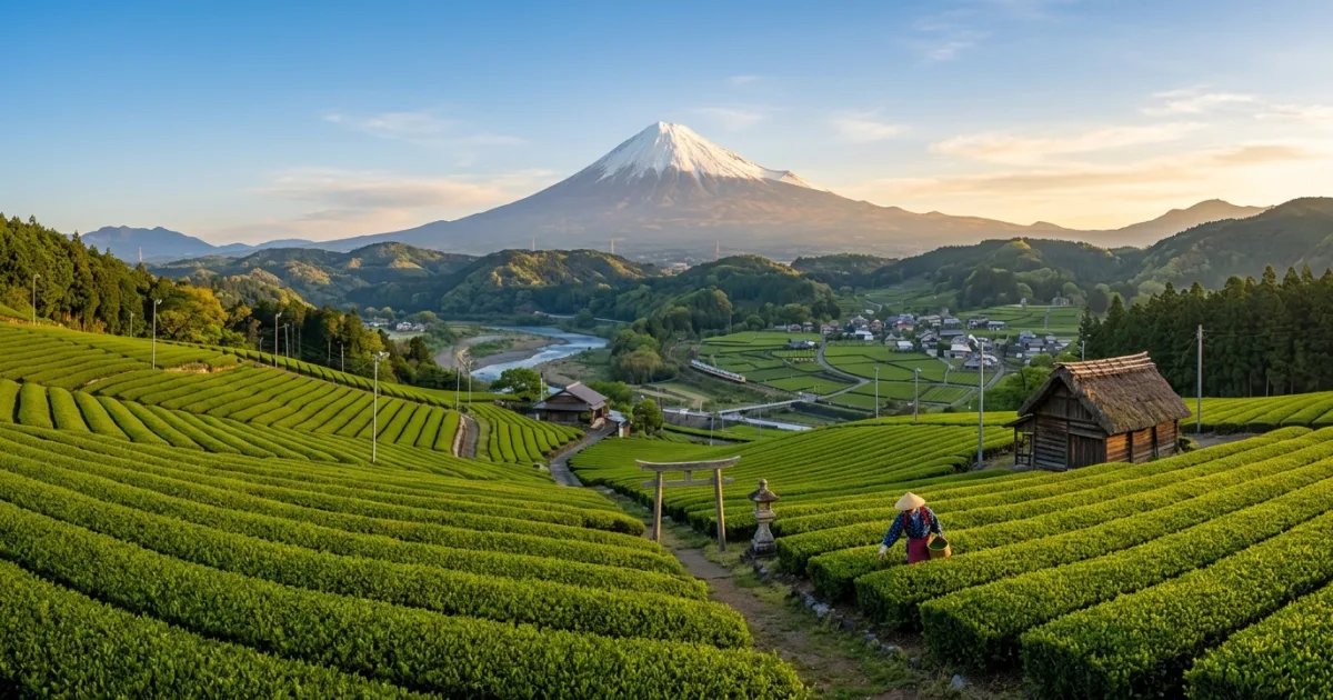 Lush green tea plantations in the Tokai Region with Mount Fuji in the background