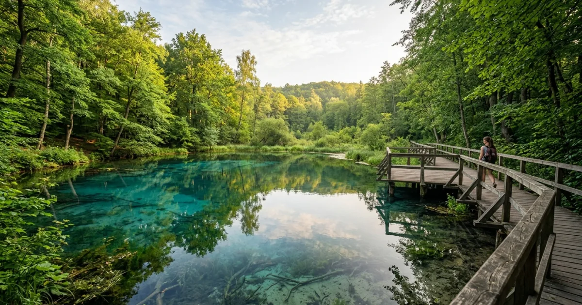 Turquoise karst spring water surrounded by lush forest at Niebieskie Zrodla nature reserve in Tomaszow Mazowiecki