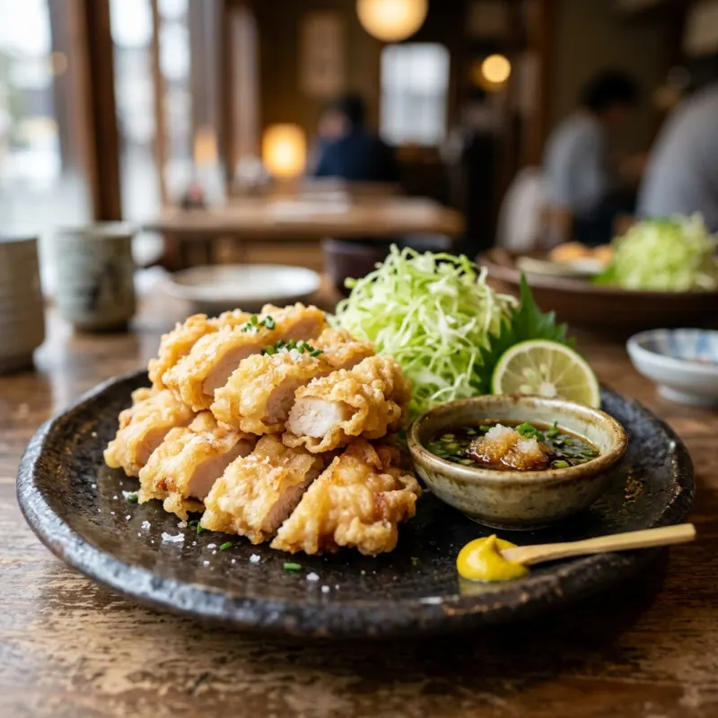 Japanese Toriten tempura fried chicken strips with dipping sauce and cabbage