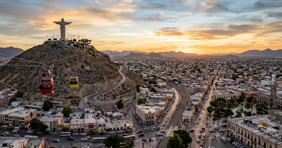 Panoramic view of Torreon featuring the Cristo de las Noas statue and aerial cable car at sunset