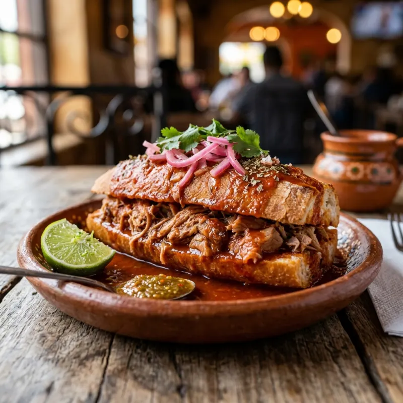 Authentic Mexican Torta Ahogada drowned in red chili salsa on a rustic plate