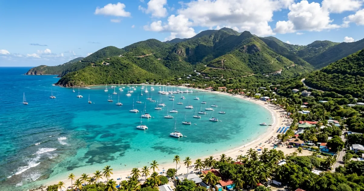 Aerial panoramic view of Cane Garden Bay and tropical mountains in Tortola, British Virgin Islands