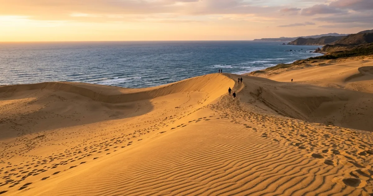 Panoramic view of the Tottori Sand Dunes overlooking the Sea of Japan at sunset