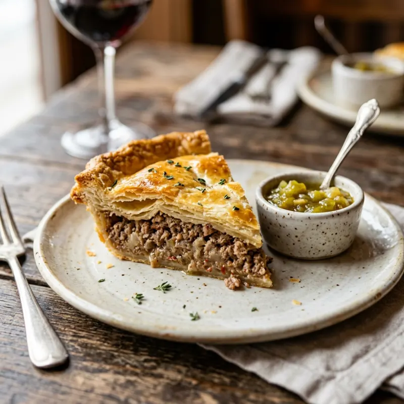 A slice of traditional French-Canadian tourtière meat pie served on a rustic table