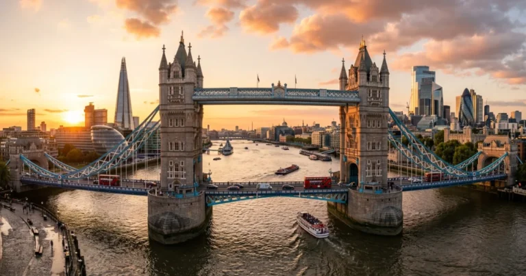 Tower Bridge 12 Panoramic view of Tower Bridge spanning the River Thames in London during golden hour