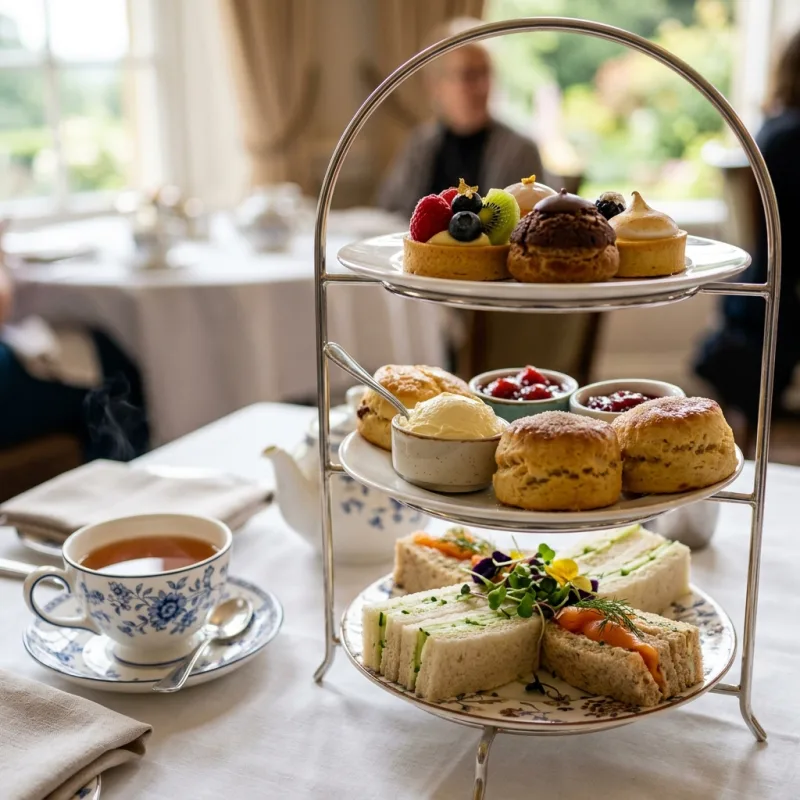 Luxurious British afternoon tea stand with finger sandwiches, warm scones, clotted cream, and pastries