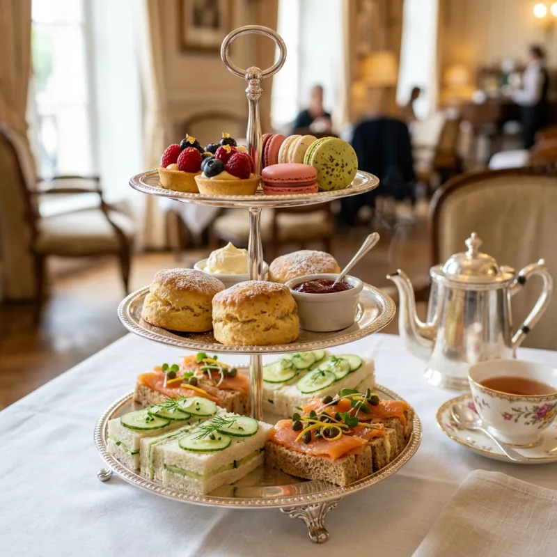Traditional British afternoon tea set with tiered cakes, scones, sandwiches, and tea