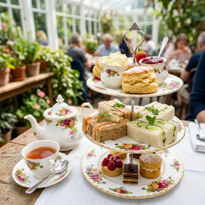 Classic British afternoon tea served on a three-tier stand with scones, clotted cream, and finger sandwiches