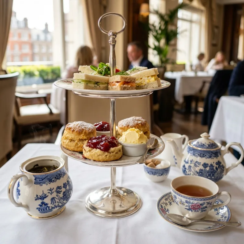 Traditional British afternoon tea set with tiered cakes, scones, and tea