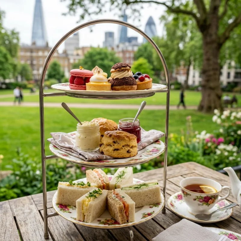 Traditional British Afternoon Tea with scones, sandwiches, and pastries