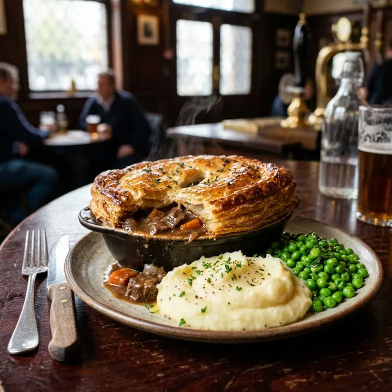 Golden British beef and ale pot pie served with mashed potatoes and peas in a pub