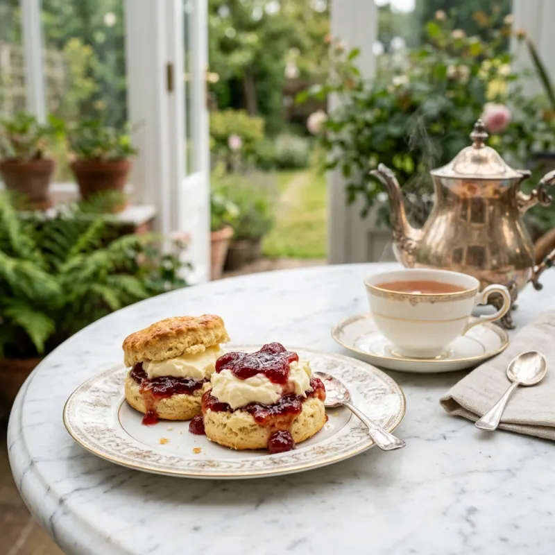 Traditional British cream tea with warm scones, clotted cream, and strawberry jam