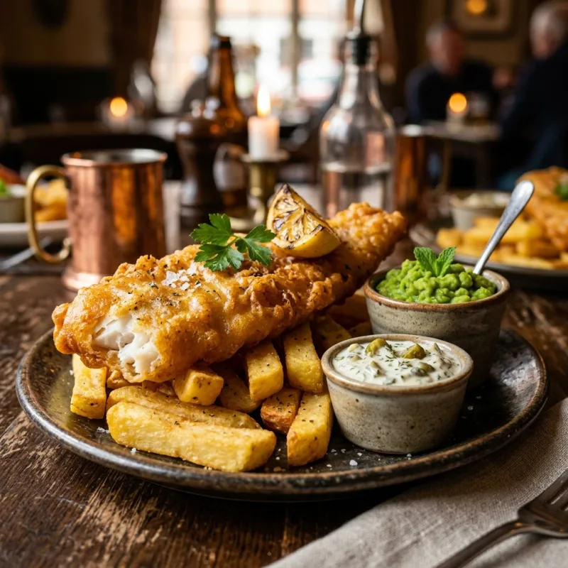 Golden beer-battered haddock with chunky chips and mushy peas