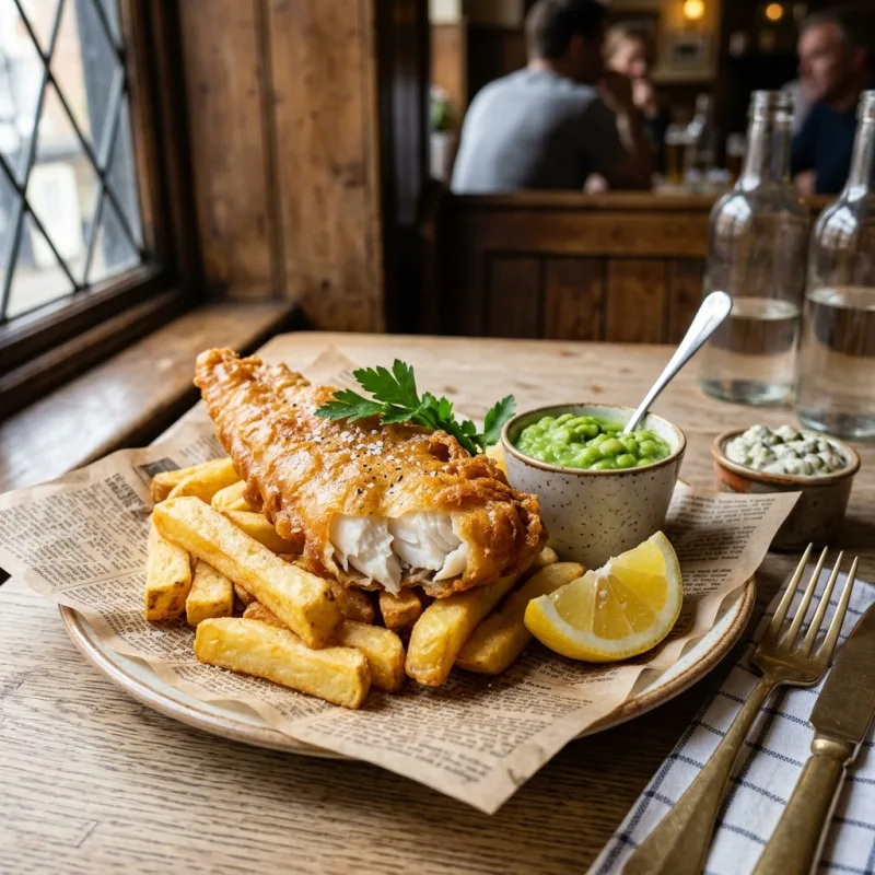 Golden beer-battered fish and chunky chips served with mushy peas in a traditional London pub
