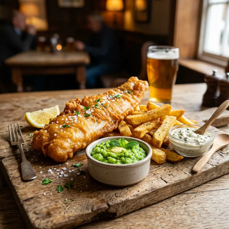 Classic British fish and chips with golden battered haddock, chips, and mushy peas
