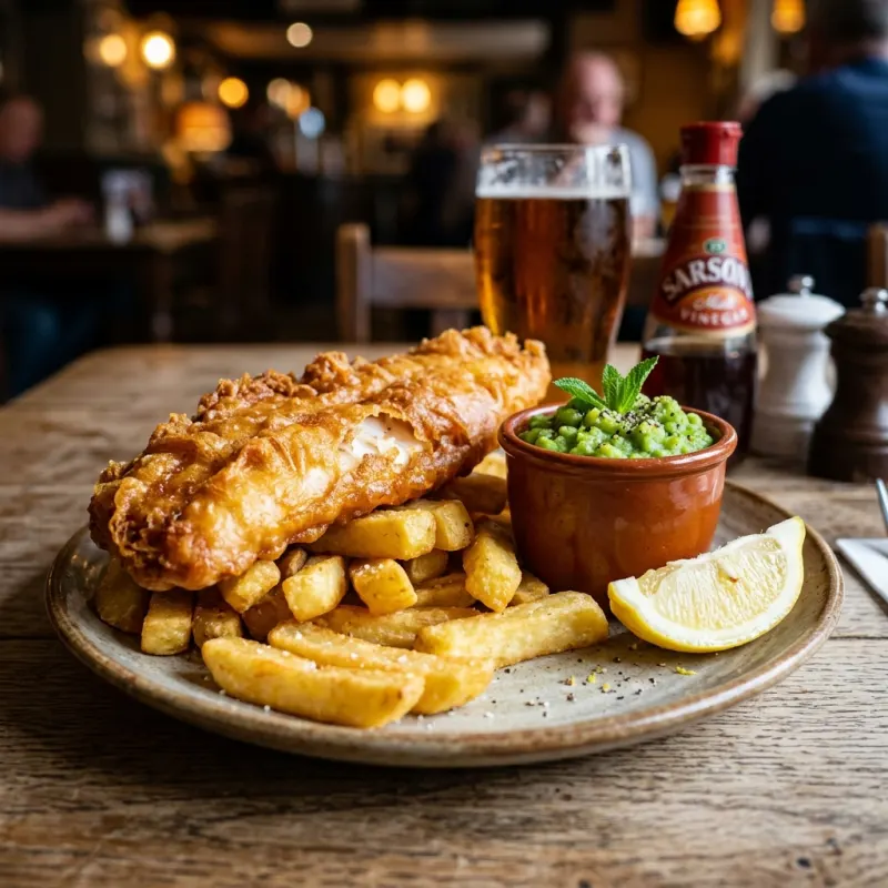 Golden beer-battered fish and chips with mushy peas on a wooden pub table
