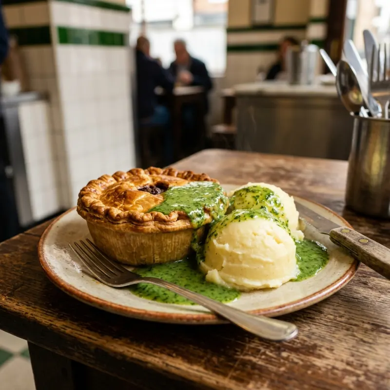 Traditional London pie and mash with green parsley liquor sauce