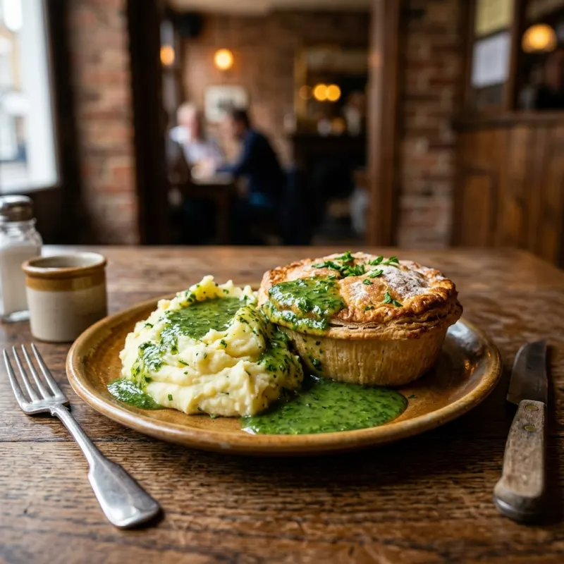 Traditional London pie and mash with green parsley liquor sauce