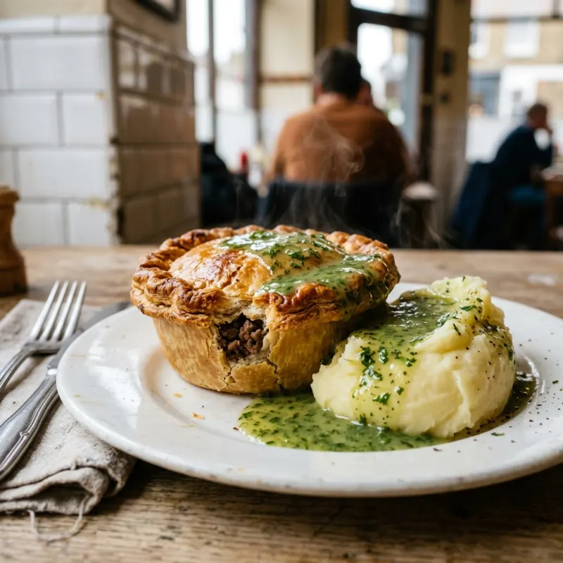 Traditional London pie and mash with green parsley liquor sauce