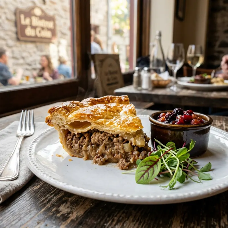 A slice of traditional Quebec tourtière meat pie on a plate with chutney
