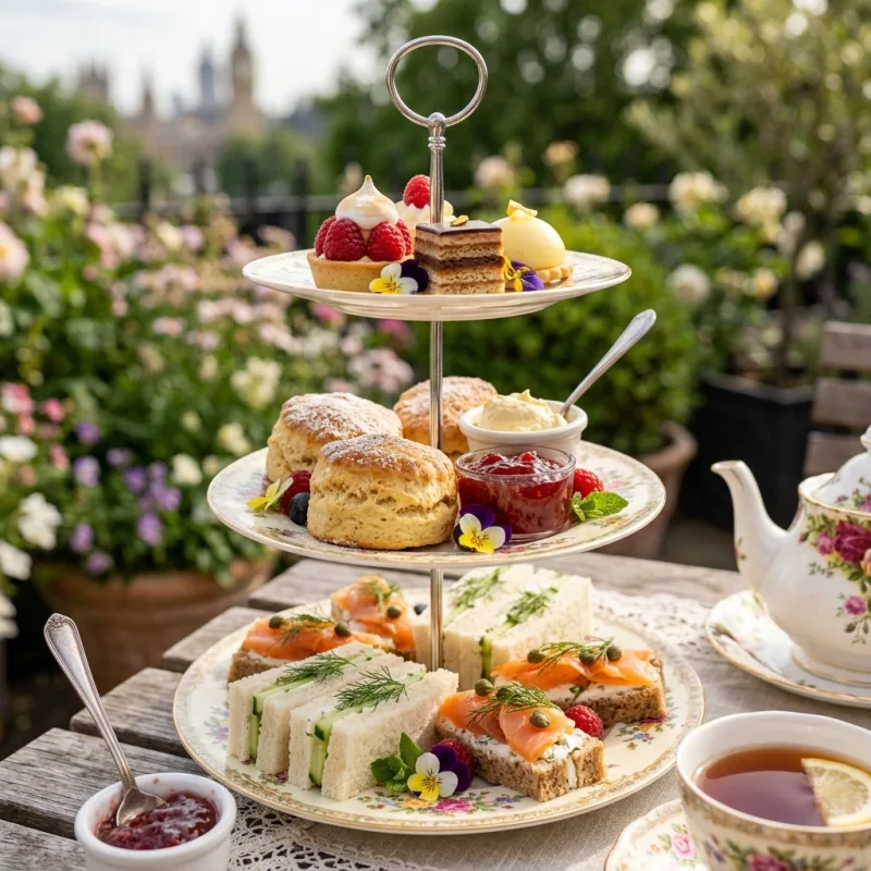 Traditional British afternoon tea stand with finger sandwiches, scones, clotted cream, and pastries