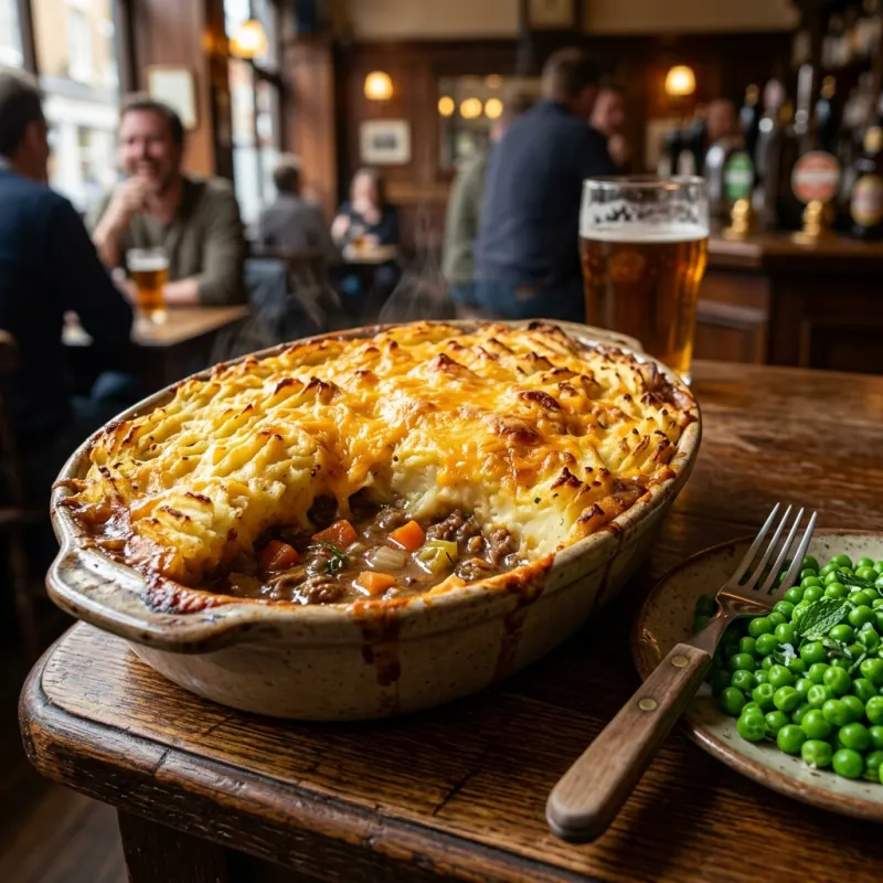 British Shepherd's Pie with golden mashed potato crust in a London pub