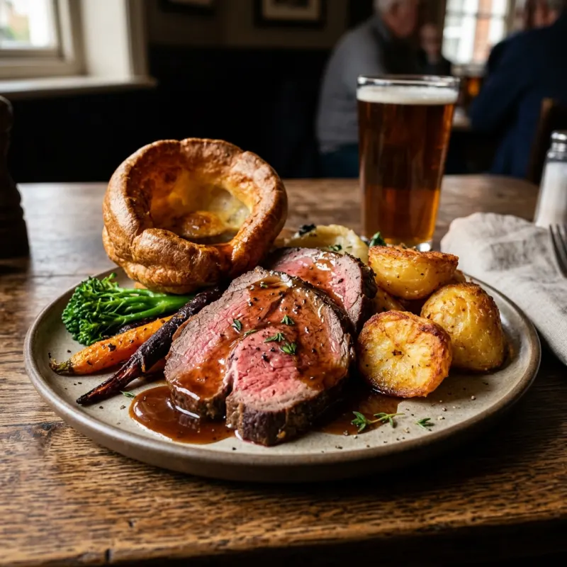 British Sunday roast beef with Yorkshire pudding and roast vegetables in Dulwich