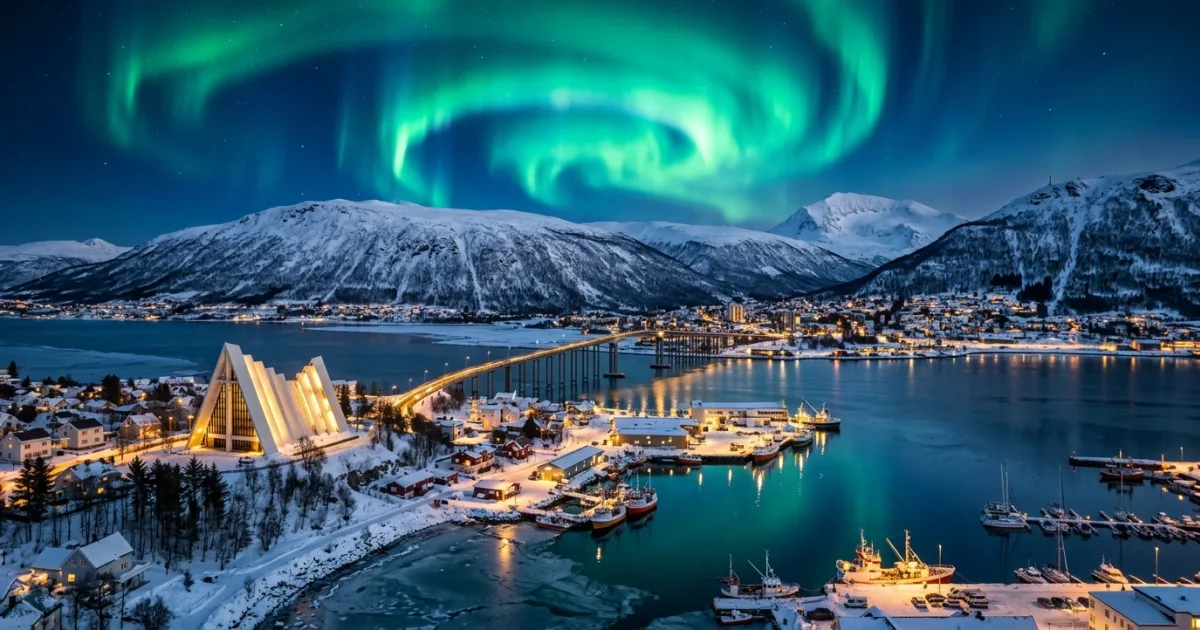 Panoramic view of Tromso harbor and the Arctic Cathedral under the Northern Lights in winter