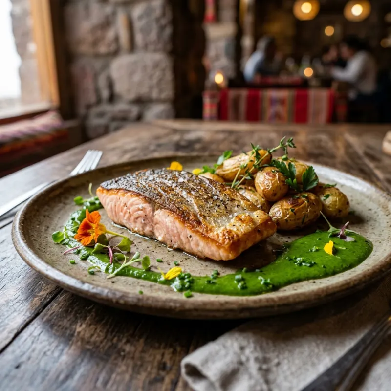Pan-seared Andean trout served with roasted native potatoes and green herb sauce in Cusco