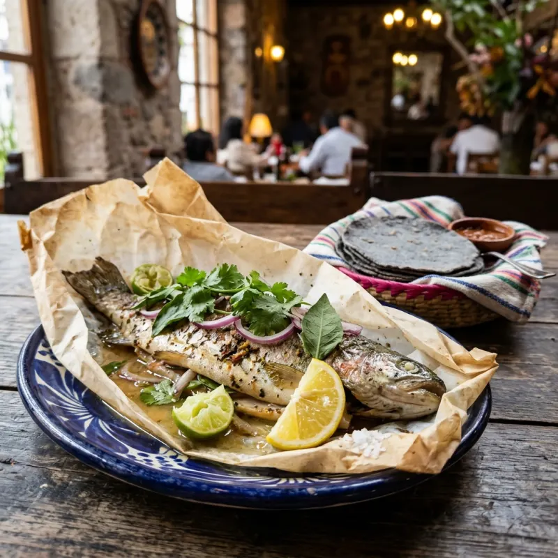Mexican baked trout wrapped in parchment paper with fresh herbs and lime