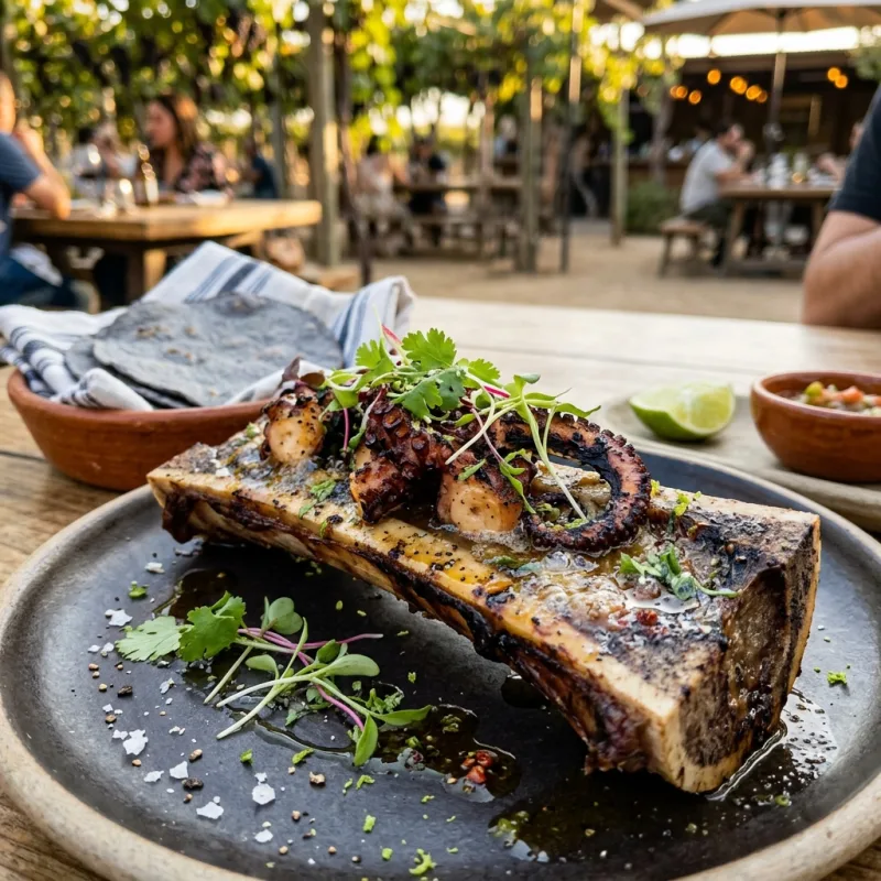 Tuétano con Pulpo bone marrow and grilled octopus dish in Valle de Guadalupe