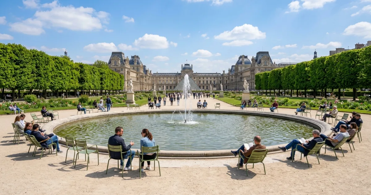 Sunny wide-angle view of Tuileries Garden in Paris with visitors sitting around the central fountain facing the Louvre.