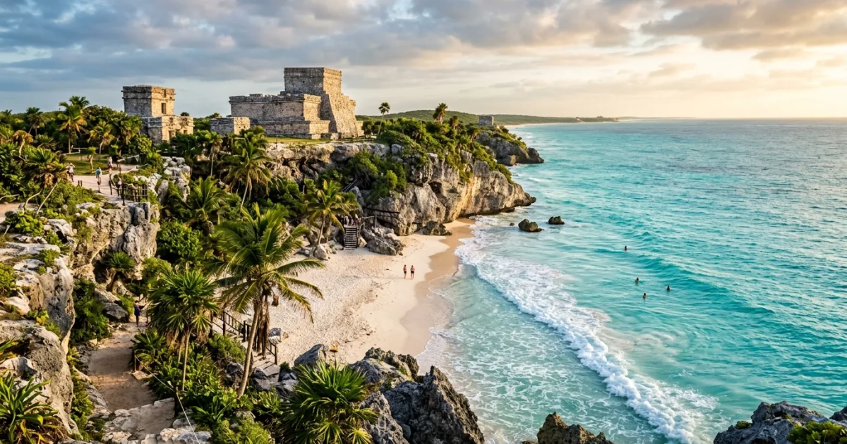 Mayan ruins of Tulum perched on coastal cliffs above turquoise Caribbean waters