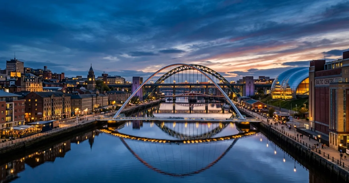 Panoramic view of the River Tyne bridges connecting Newcastle and Gateshead at dusk