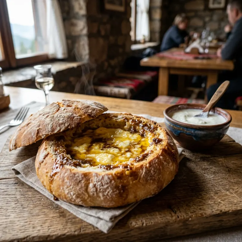 Authentic Serbian komplet lepinja flatbread with egg, kajmak, and roasted meat jus