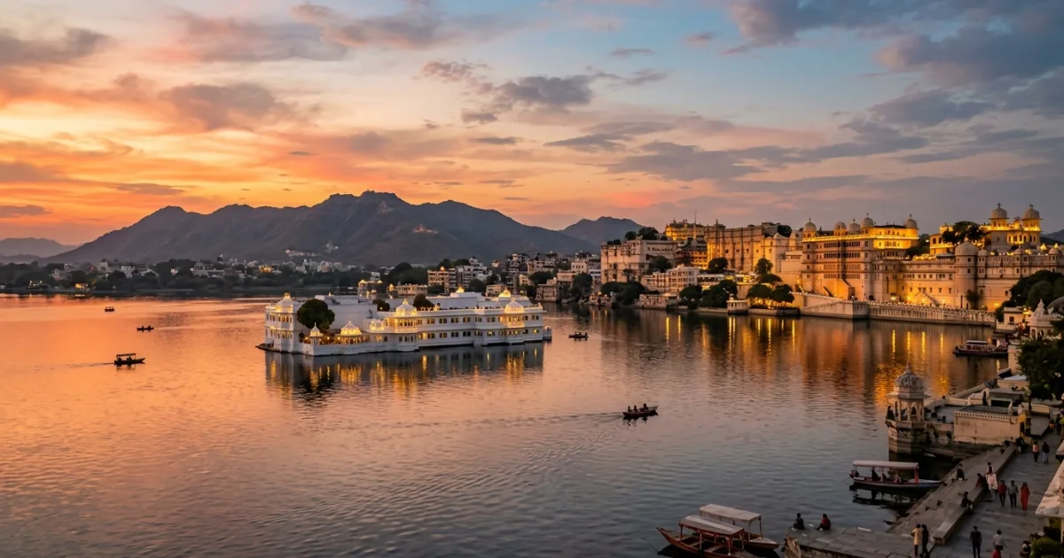 Panoramic view of Lake Pichola, Taj Lake Palace, and City Palace in Udaipur at sunset