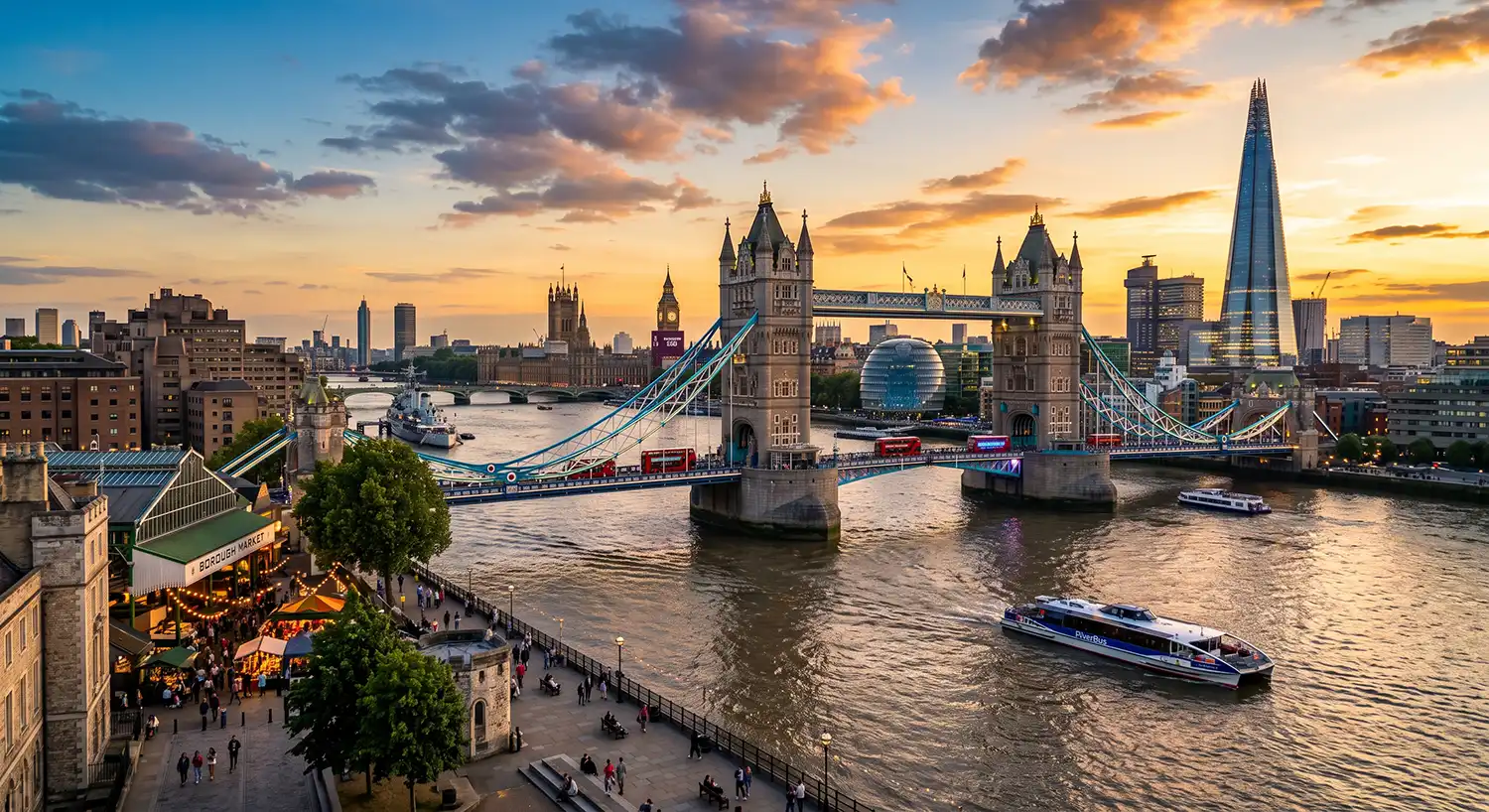 Ultimate guide to london in 2026 showcasing Tower Bridge over the River Thames at sunset.