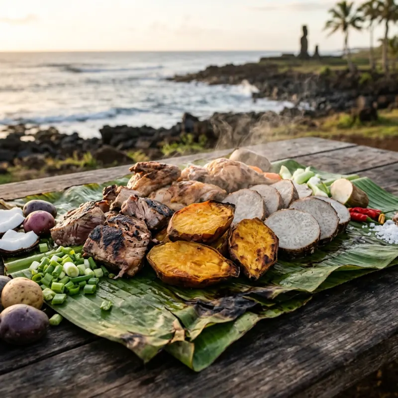 Umu Rapa Nui traditional earth oven feast served on banana leaves with fish and root vegetables
