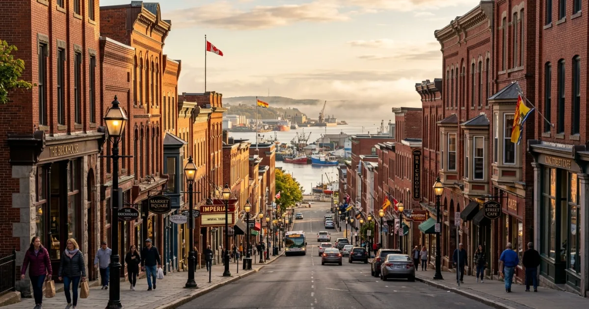 King Street in Uptown Saint John featuring Victorian brick architecture sloping toward the harbor