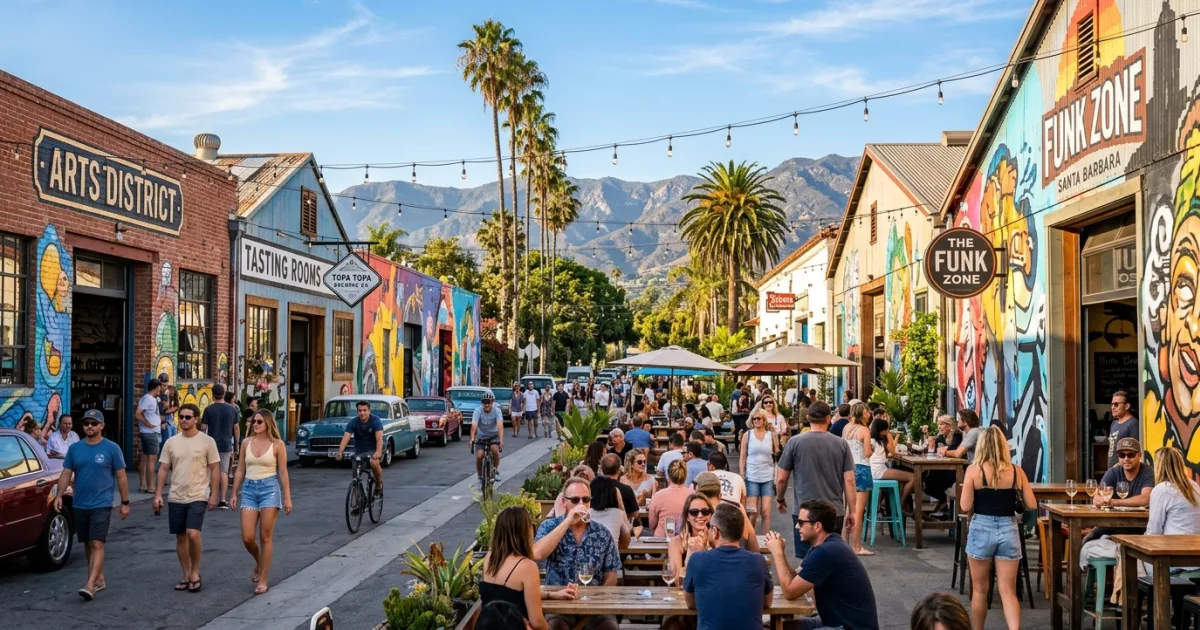 Outdoor wine tasting patios and colorful murals in the Santa Barbara Funk Zone