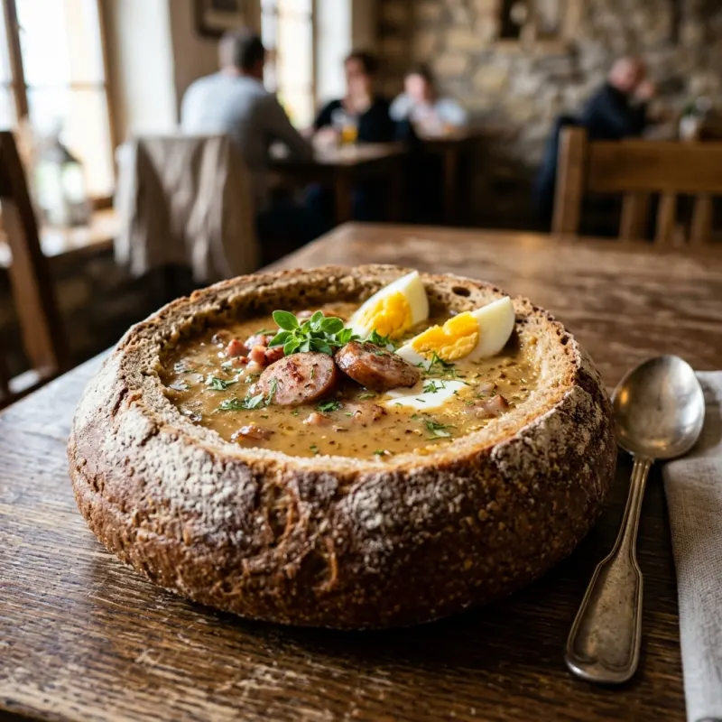 Polish zurek soup served inside a round sourdough bread loaf